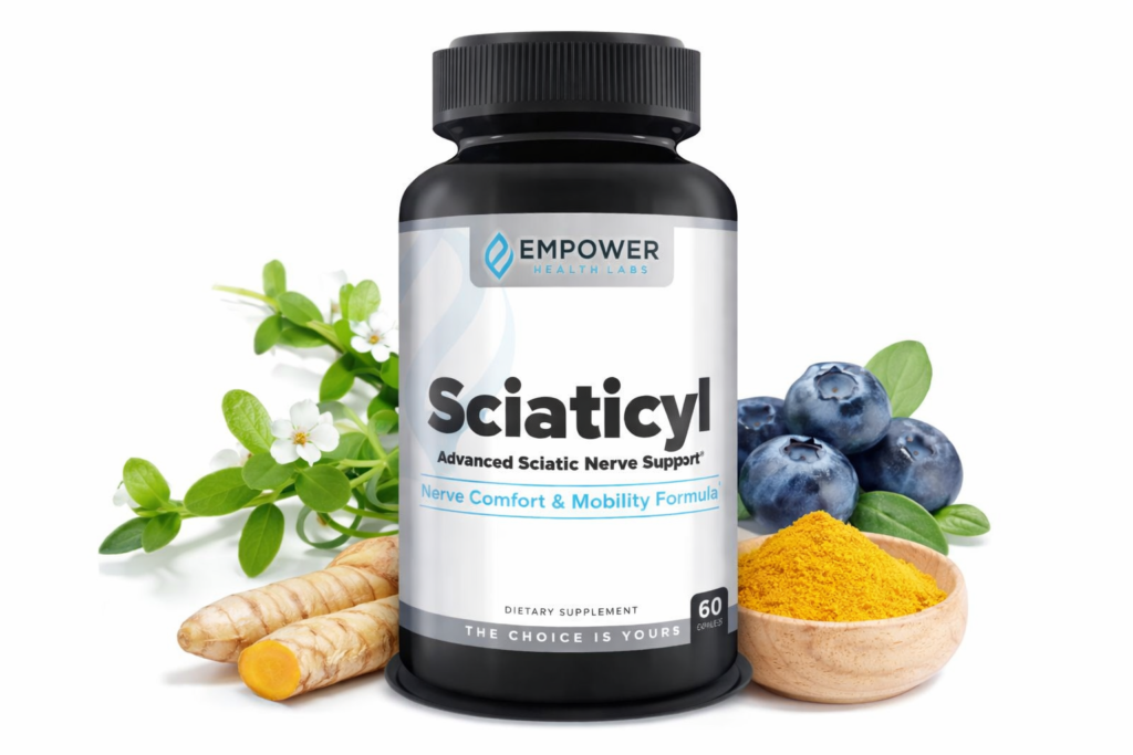 Sciaticyl supplement bottle, a natural formula designed to target sciatic nerve inflammation and lower back pain.
