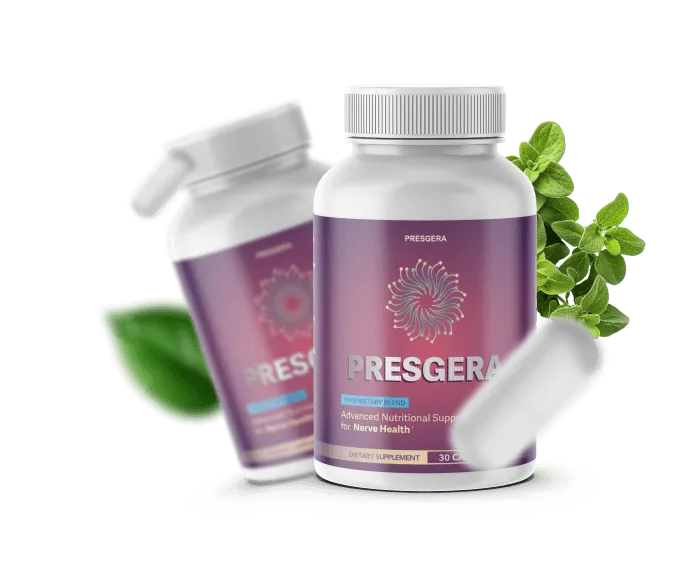 Presgera supplement bottle with a background representing healthy nerve signals and energy.