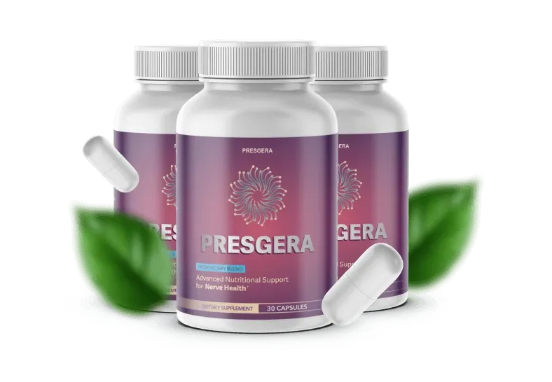 Presgera supplement bottles for nerve pain relief and healthy circulation support.