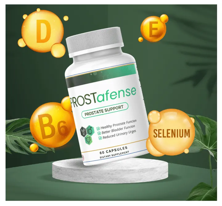 Front view of the premium dietary Prostafense supplement bottle for daily health support.