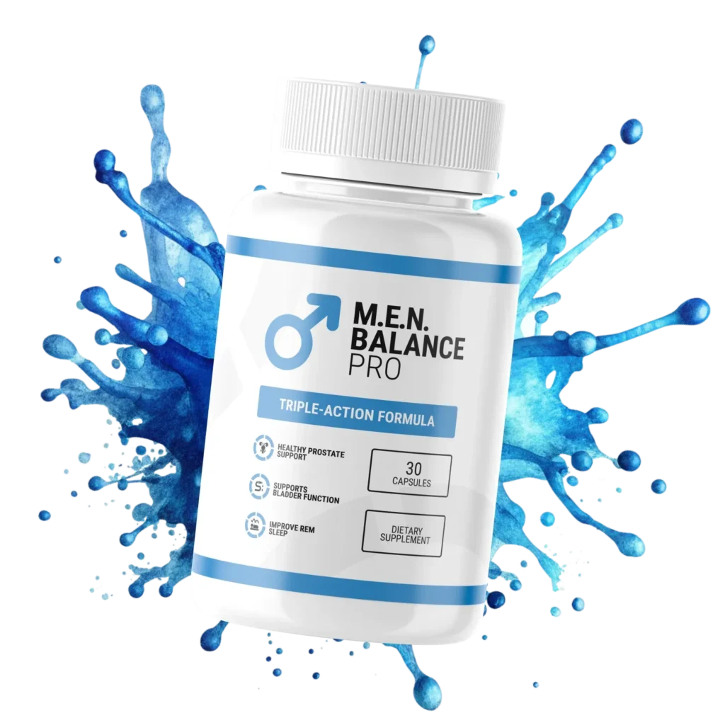 One bottle of Men Balance Pro dietary supplement in front of a white splash background.
