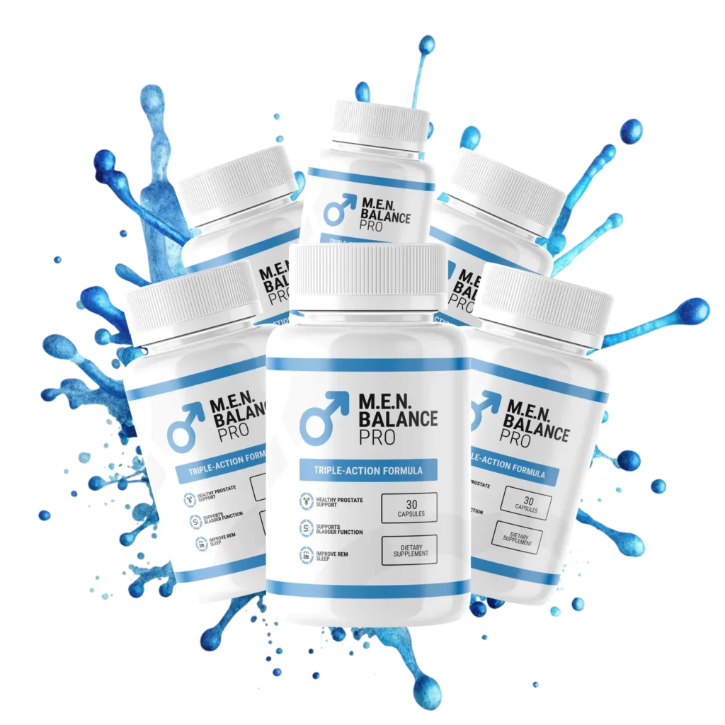 Six-bottle bulk supply of Men Balance Pro dietary supplement with a white splash background.
