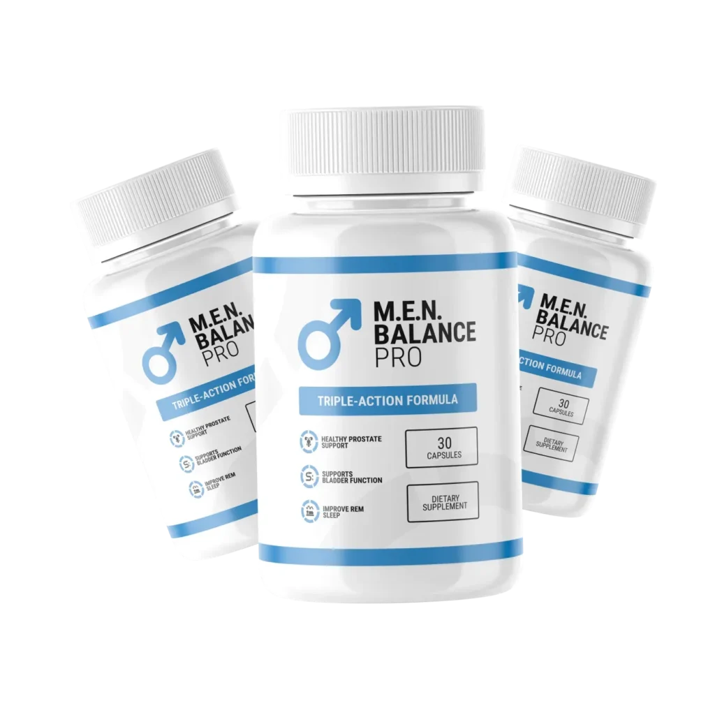 Three-bottle bundle of Men Balance Pro dietary supplement, a 90-day supply of the formula.