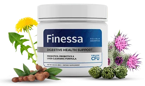 3D realistic render of the Finessa bottle showing the premium packaging and supplement details.